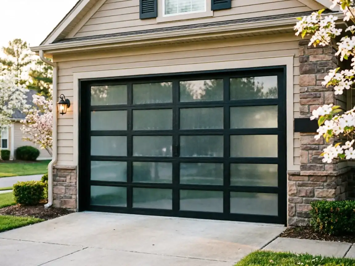 A modern black garage door with frosted glass panels is on a tan house.