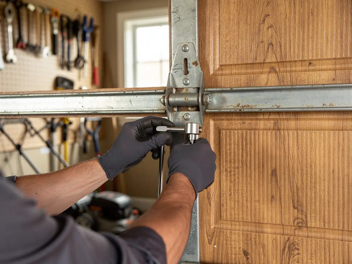 A technician in black gloves adjusts a garage door hinge with a wrench.