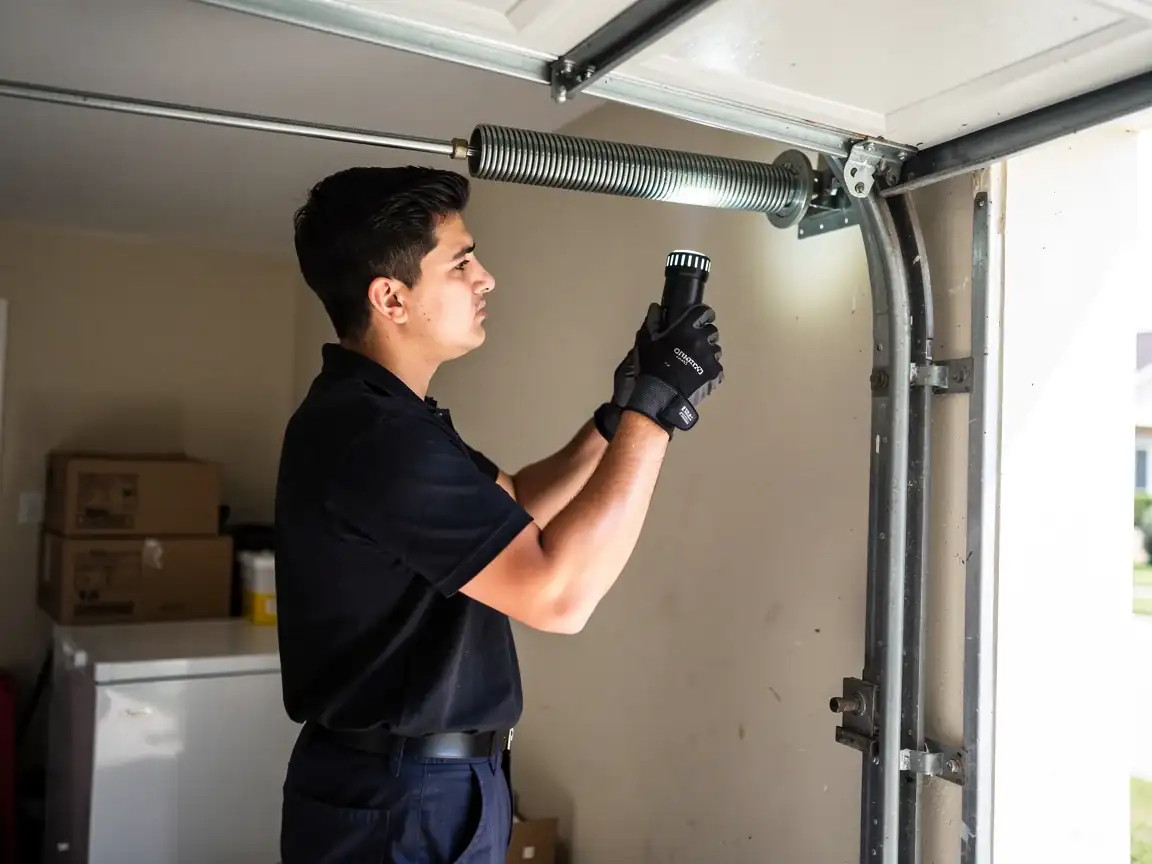 A technician shines a flashlight on a garage door torsion spring.