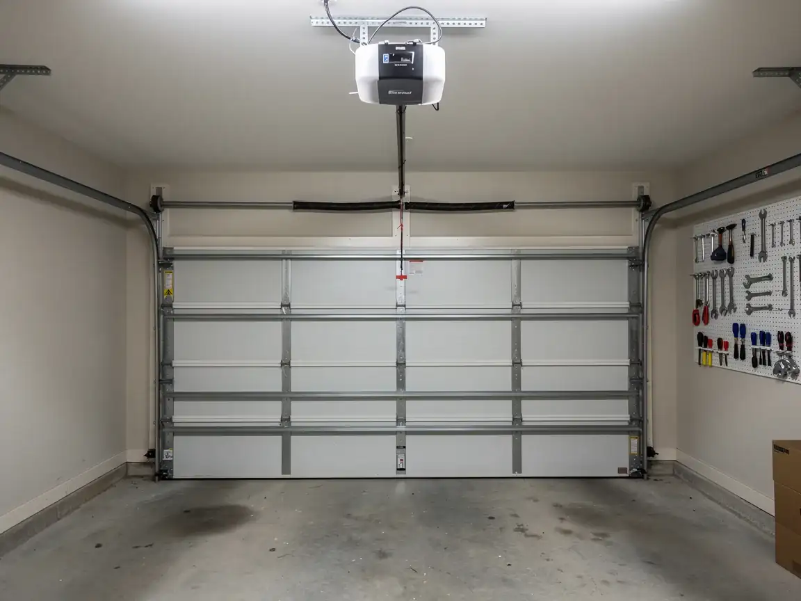 A white garage door is closed with an opener and tools on a pegboard.