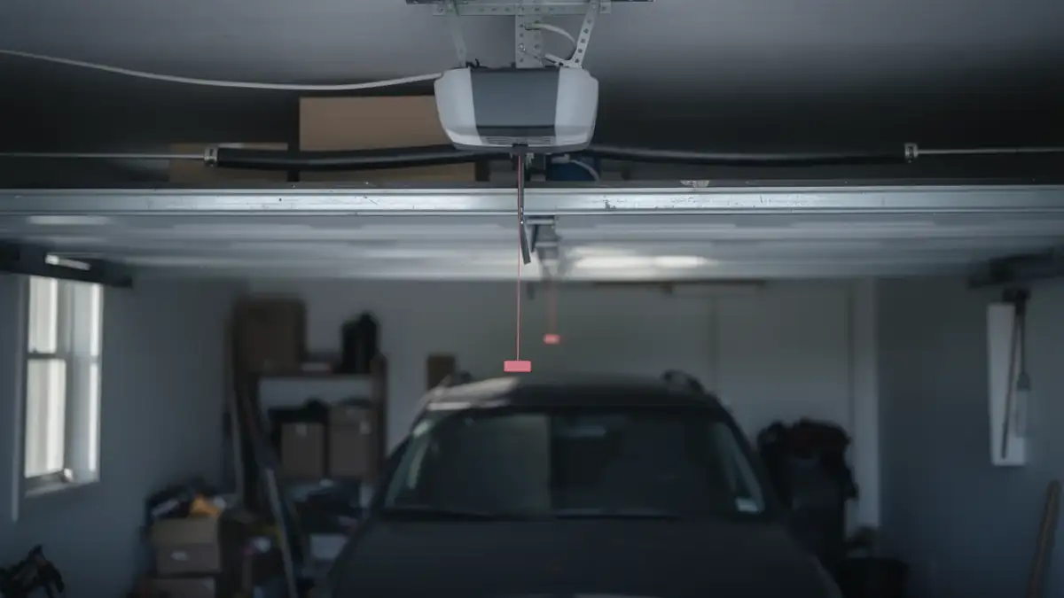 A garage door opener is mounted to the ceiling above a parked car.