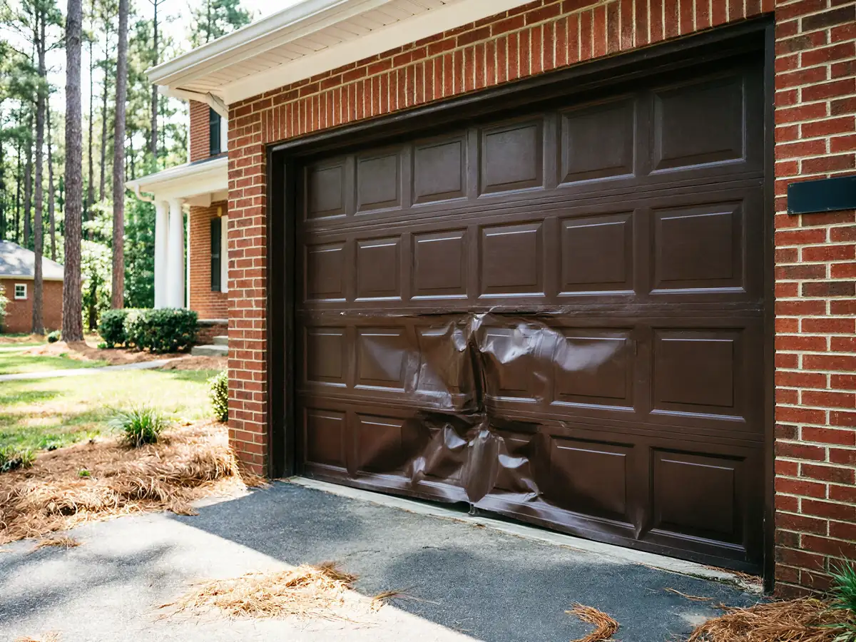 A brown garage door on a brick house is severely dented.
